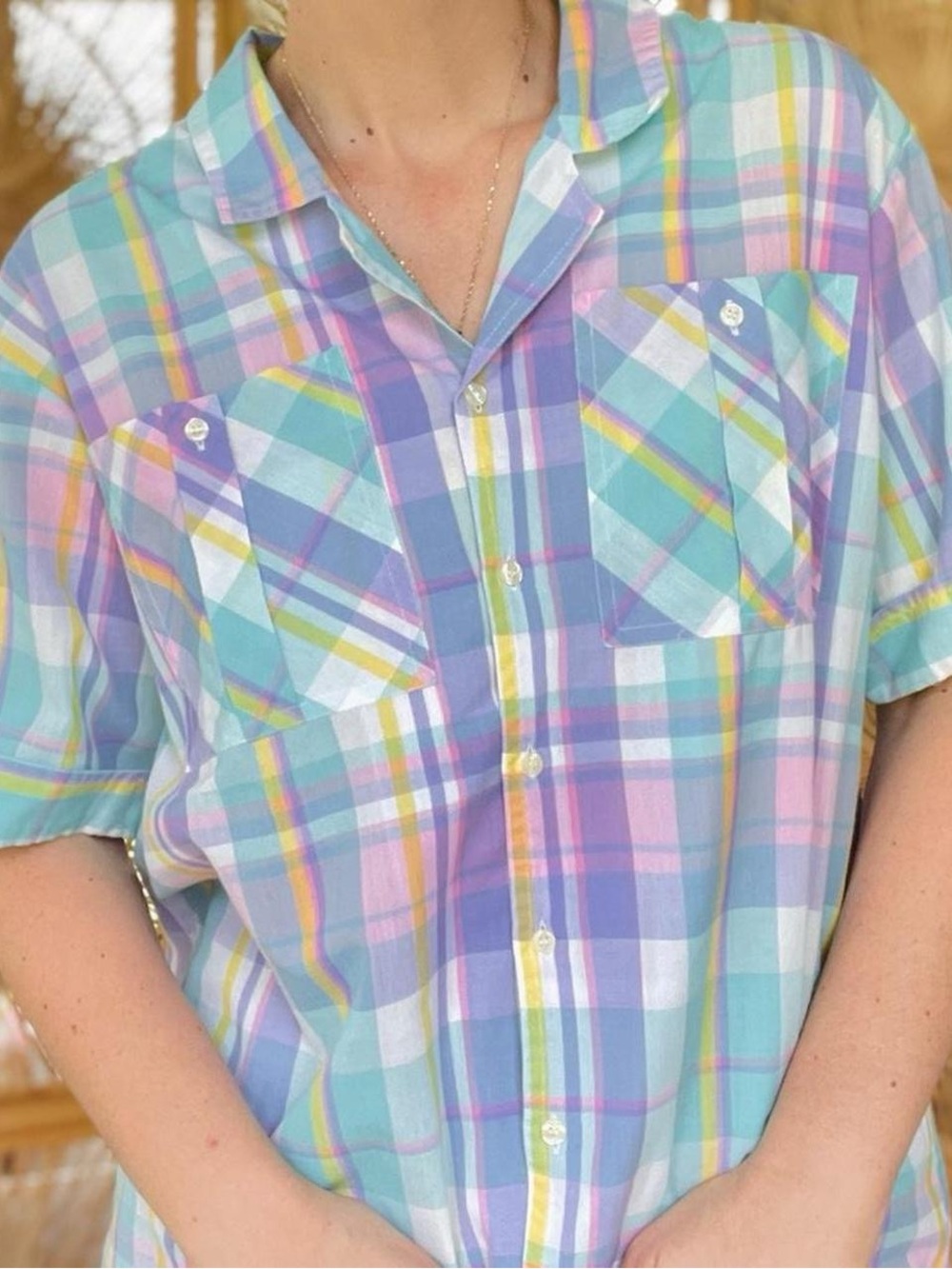 Vintage Harbour Isle Pastel Plaid Pink Blue Short Sleeve Button Down Blouse